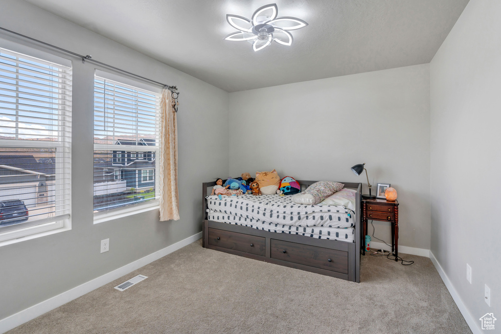 Carpeted bedroom with multiple windows