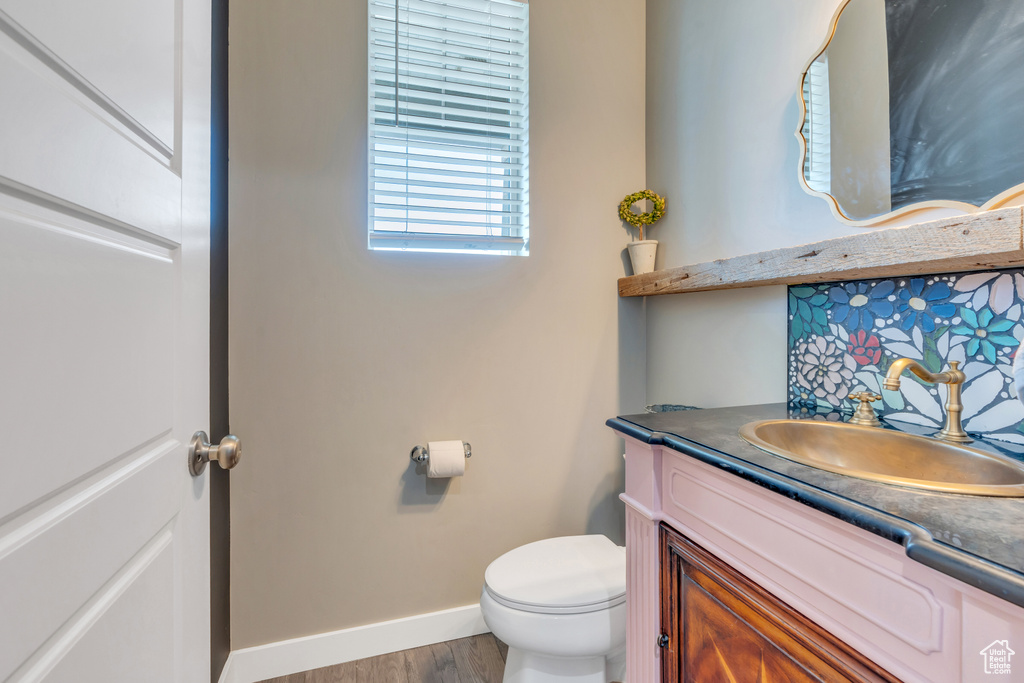 Bathroom with vanity, wood-type flooring, and toilet