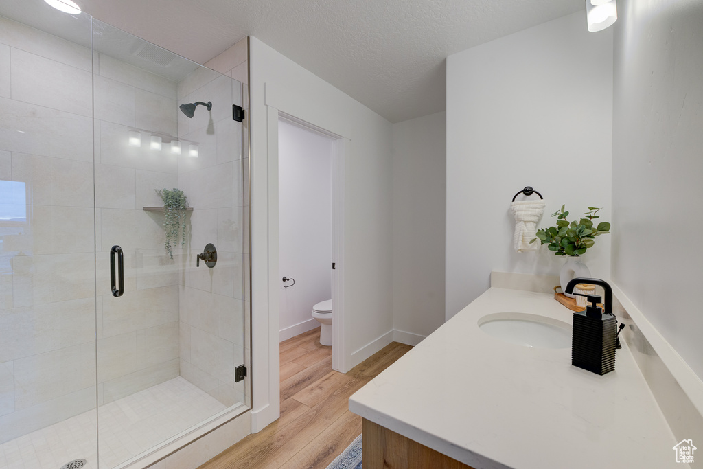 Bathroom with wood-type flooring, a shower with shower door, toilet, and vanity