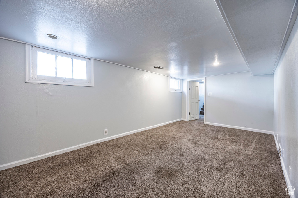 Basement featuring carpet floors and a textured ceiling