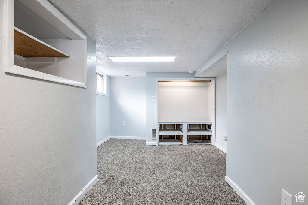 Basement featuring carpet and a textured ceiling