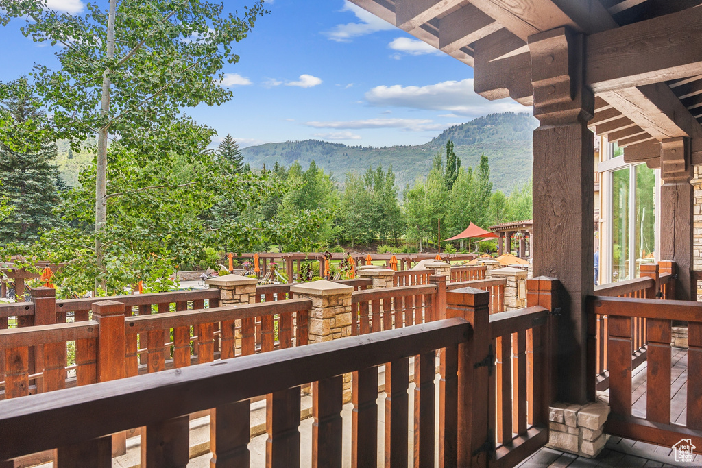 Wooden deck with a mountain view