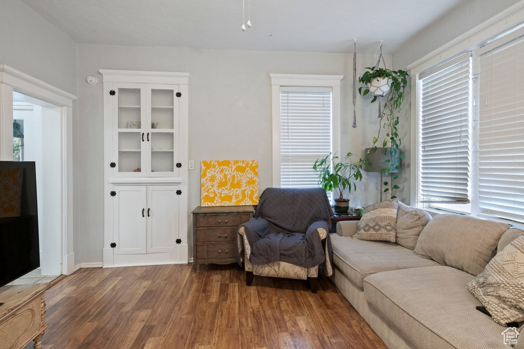 Living room with a wealth of natural light and wood-type flooring