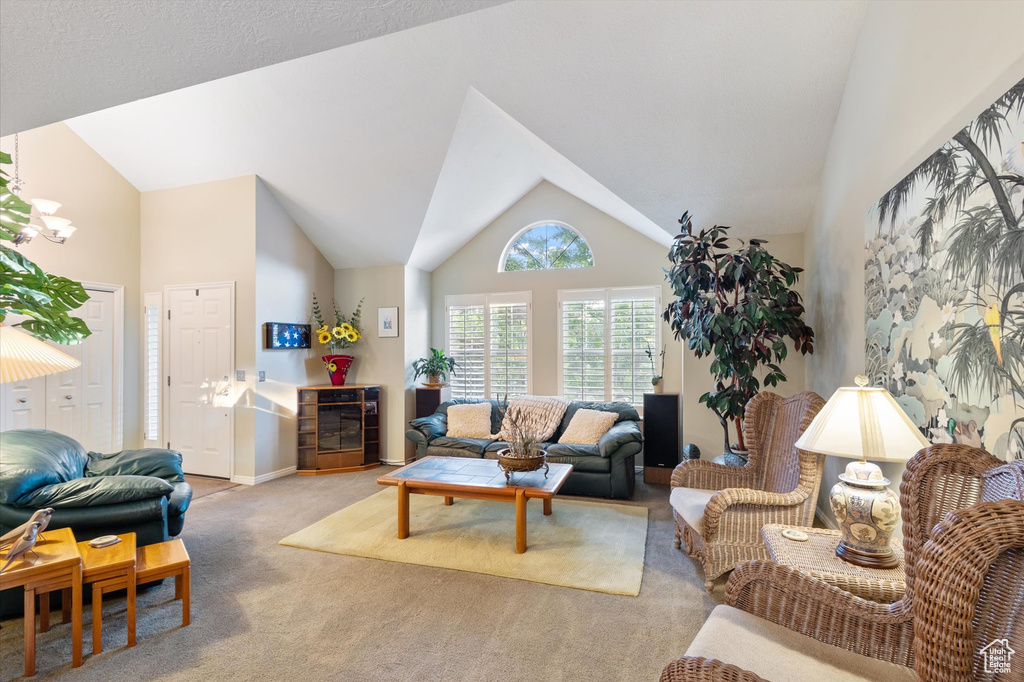 Carpeted living room featuring high vaulted ceiling