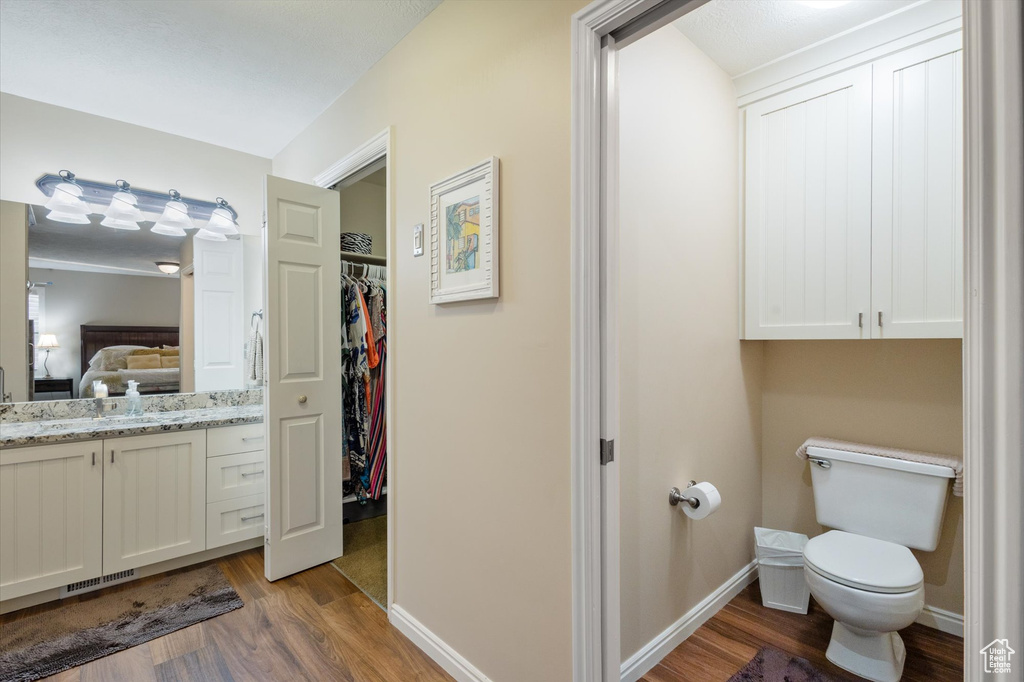 Bathroom featuring vanity, hardwood / wood-style flooring, and toilet