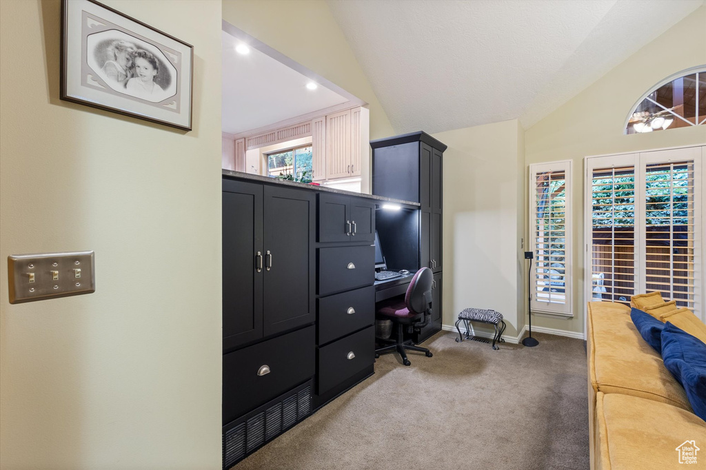 Living area with lofted ceiling and carpet flooring