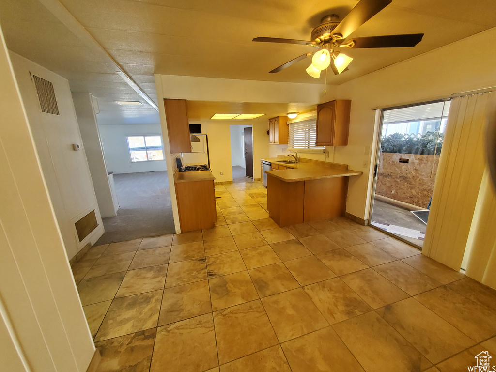 Kitchen with sink, kitchen peninsula, stainless steel dishwasher, light carpet, and ceiling fan