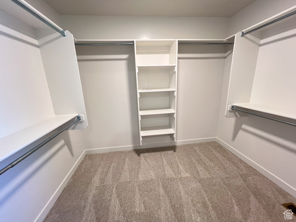 Walk in closet with light colored carpet