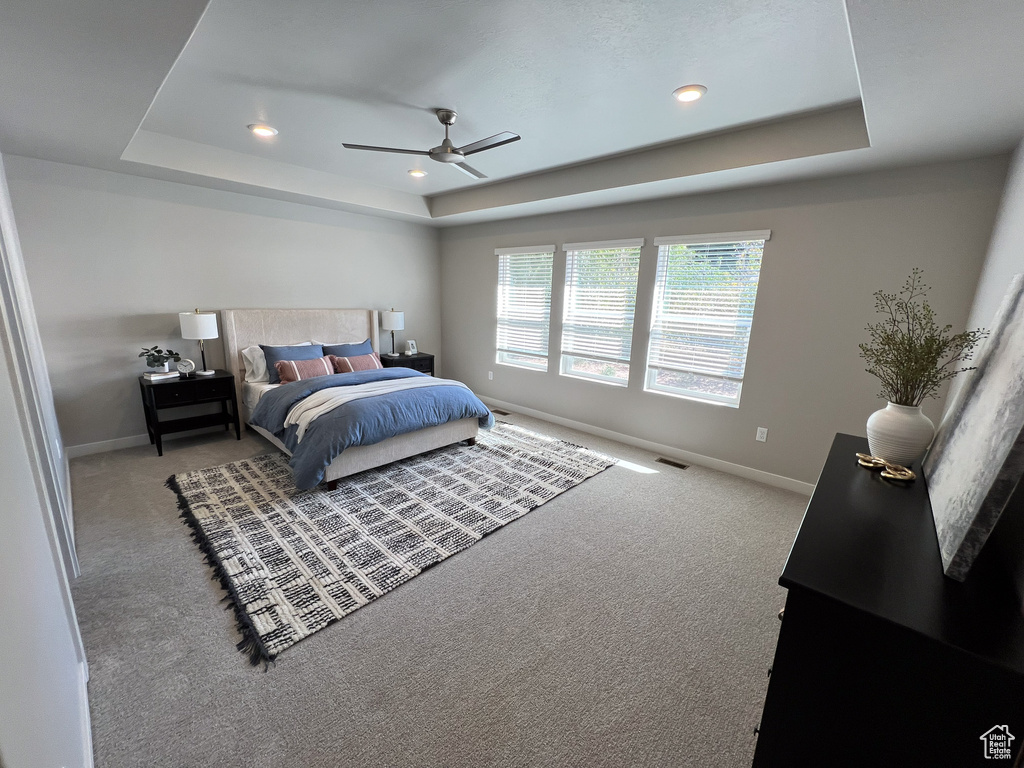 Bedroom featuring a raised ceiling, ceiling fan, and carpet flooring