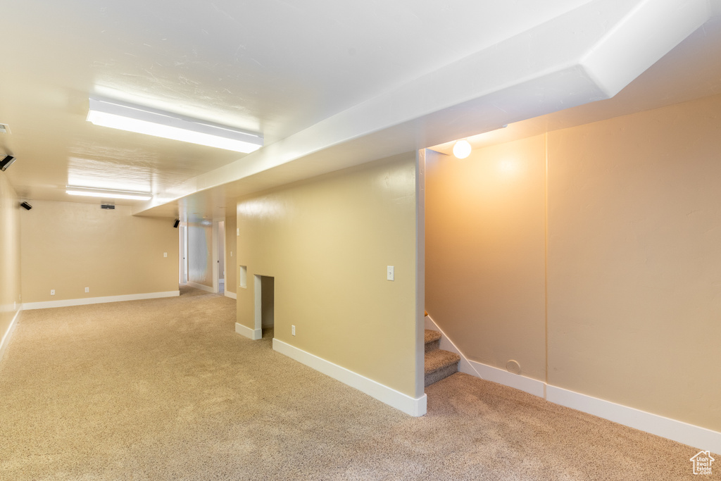 Basement with light colored carpet