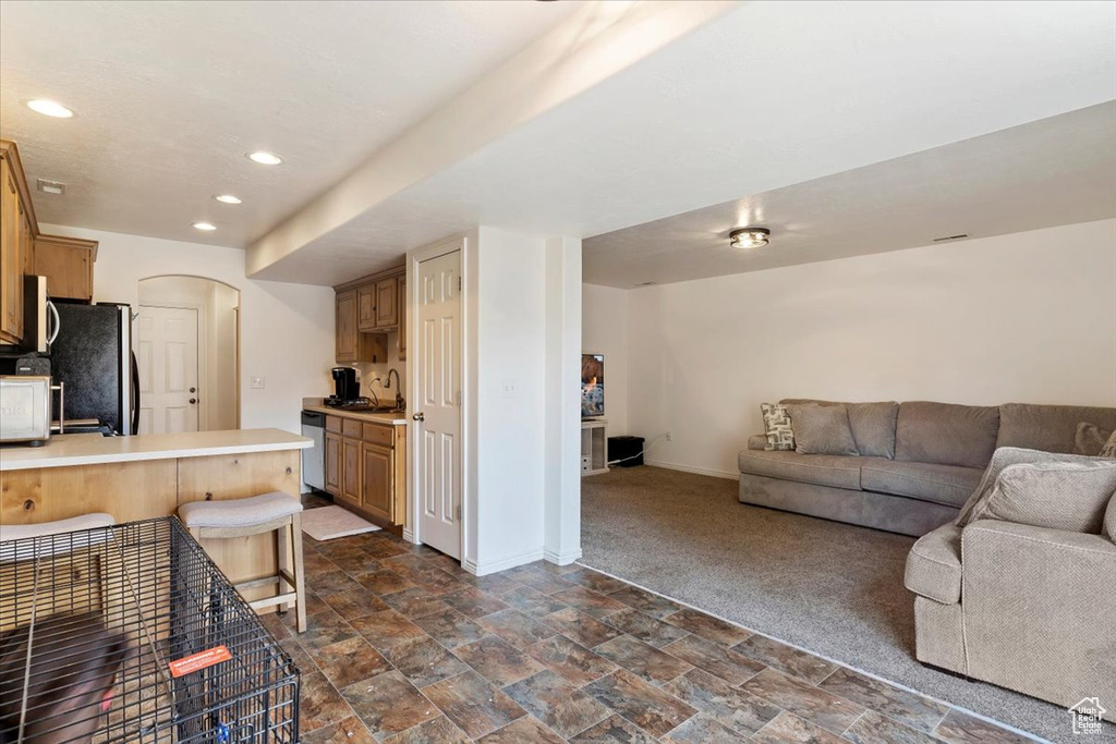 Living room featuring sink and dark tile patterned flooring