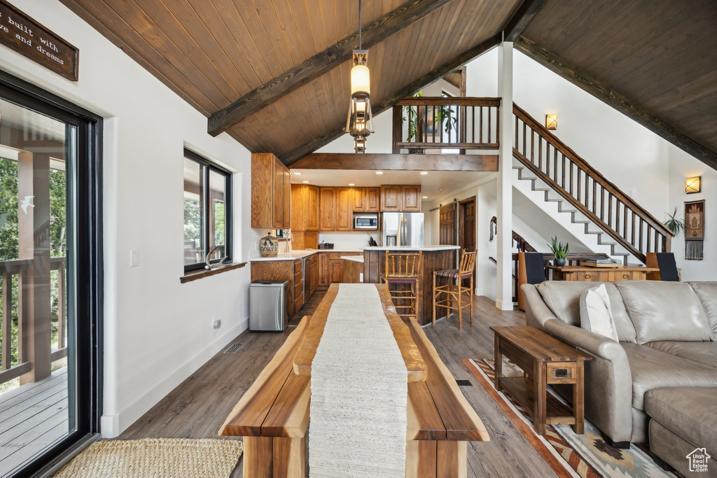 Living room featuring high vaulted ceiling, beamed ceiling, wooden ceiling, and hardwood / wood-style flooring