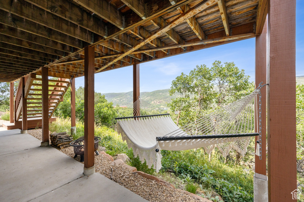 View of patio featuring a mountain view