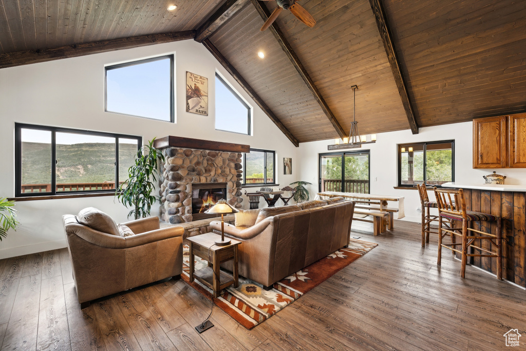 Living room with wooden ceiling, dark hardwood / wood-style floors, beam ceiling, and high vaulted ceiling