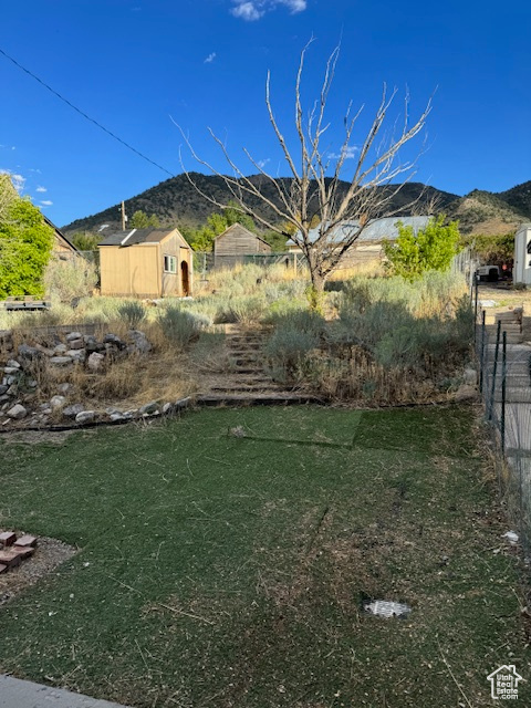 View of yard with a storage shed and a mountain view