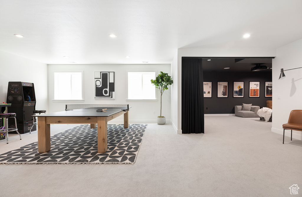 Recreation room with a wealth of natural light and carpet