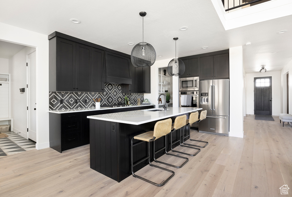 Kitchen featuring light hardwood / wood-style flooring, stainless steel appliances, a kitchen island with sink, backsplash, and a skylight