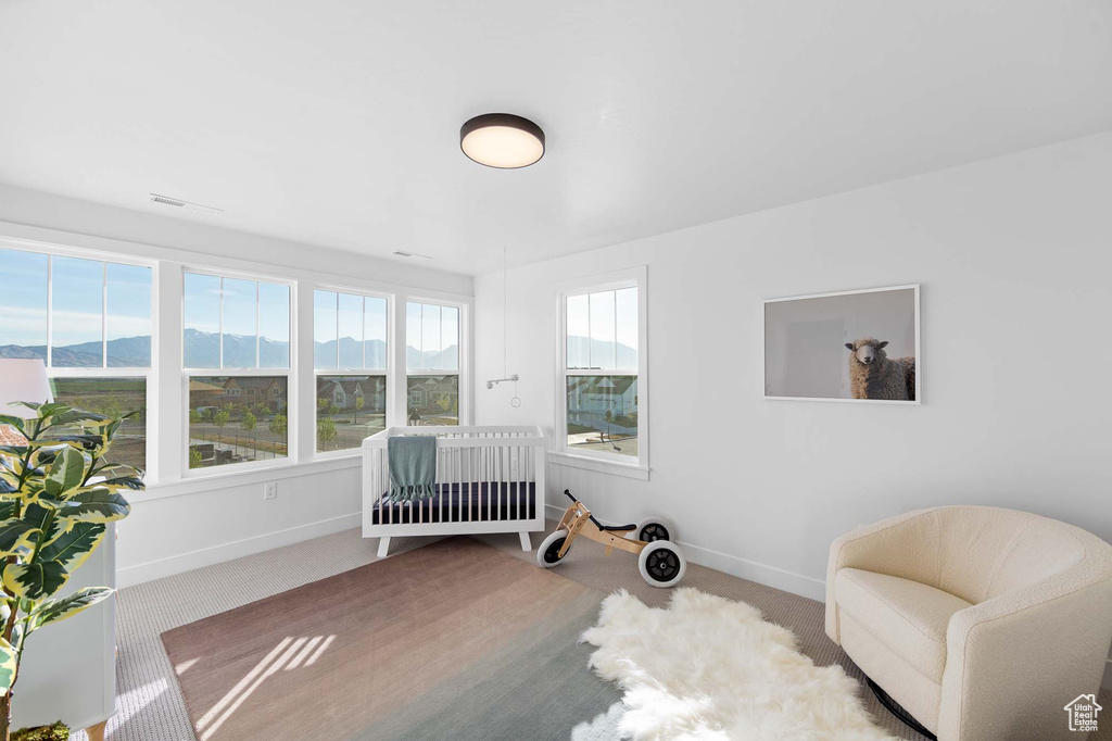 Bedroom with a crib, a mountain view, and carpet floors