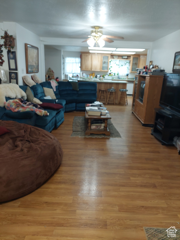 Living room featuring light hardwood / wood-style flooring and ceiling fan