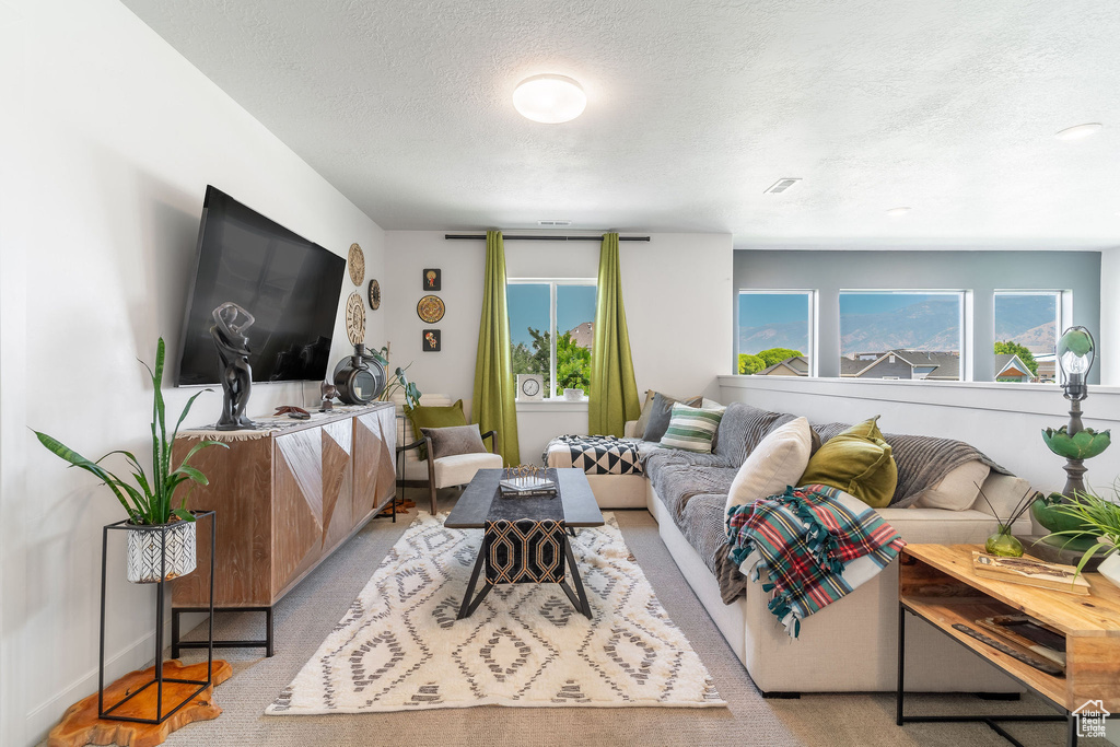 Carpeted living room featuring a textured ceiling