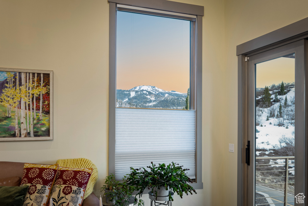 Interior space with a mountain view
