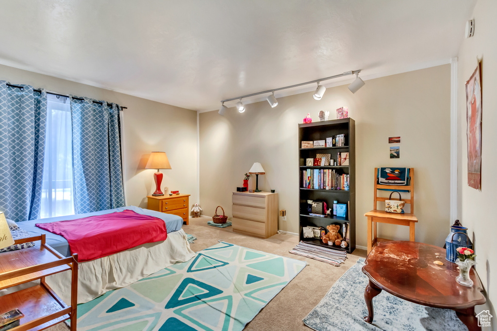 Bedroom with track lighting and light colored carpet