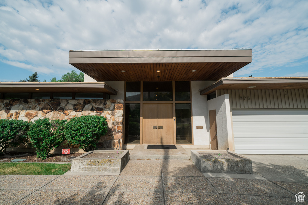 Exterior space with a garage