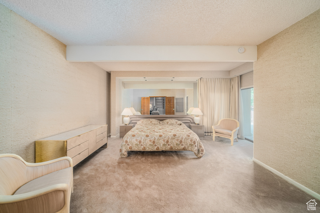 Bedroom featuring a textured ceiling and light colored carpet