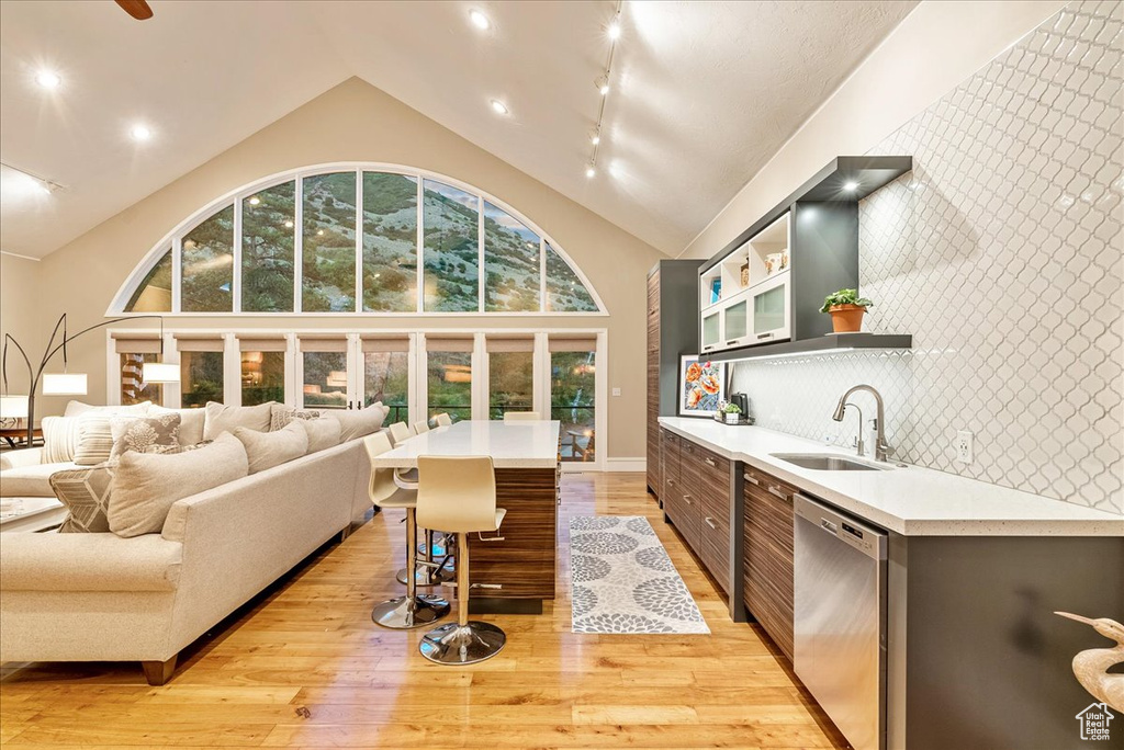 Interior space featuring sink, dishwasher, light wood-type flooring, and rail lighting