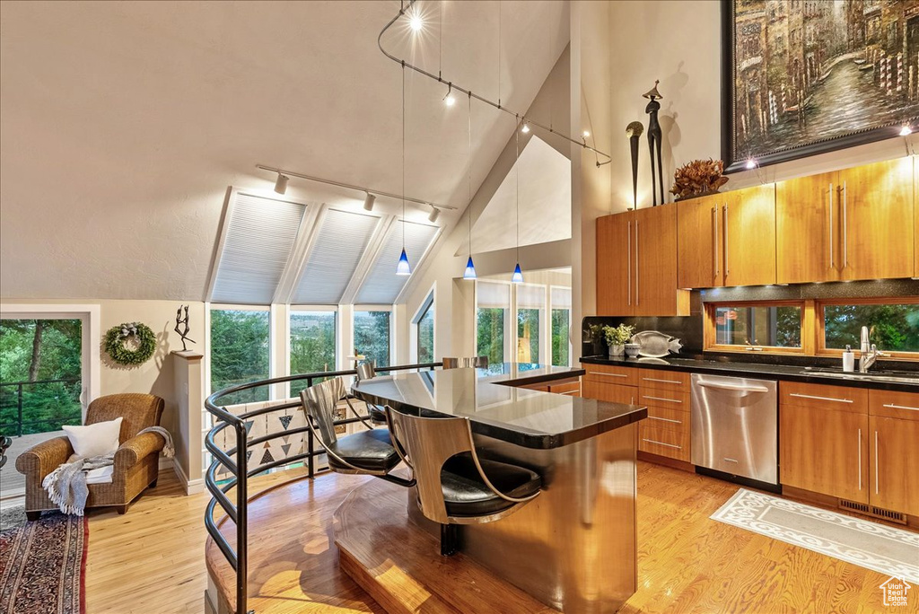 Kitchen with stainless steel dishwasher, rail lighting, high vaulted ceiling, a center island, and light hardwood / wood-style floors