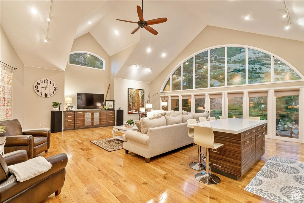 Living room with light wood-type flooring, ceiling fan, high vaulted ceiling, and rail lighting