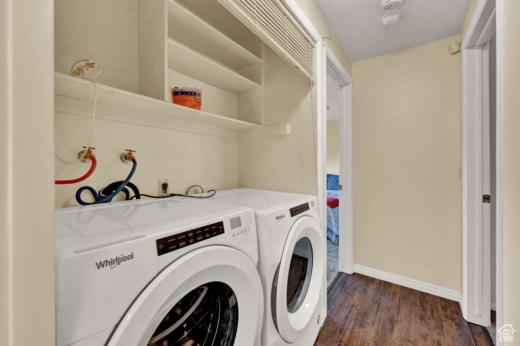 Laundry room featuring dark hardwood / wood-style flooring