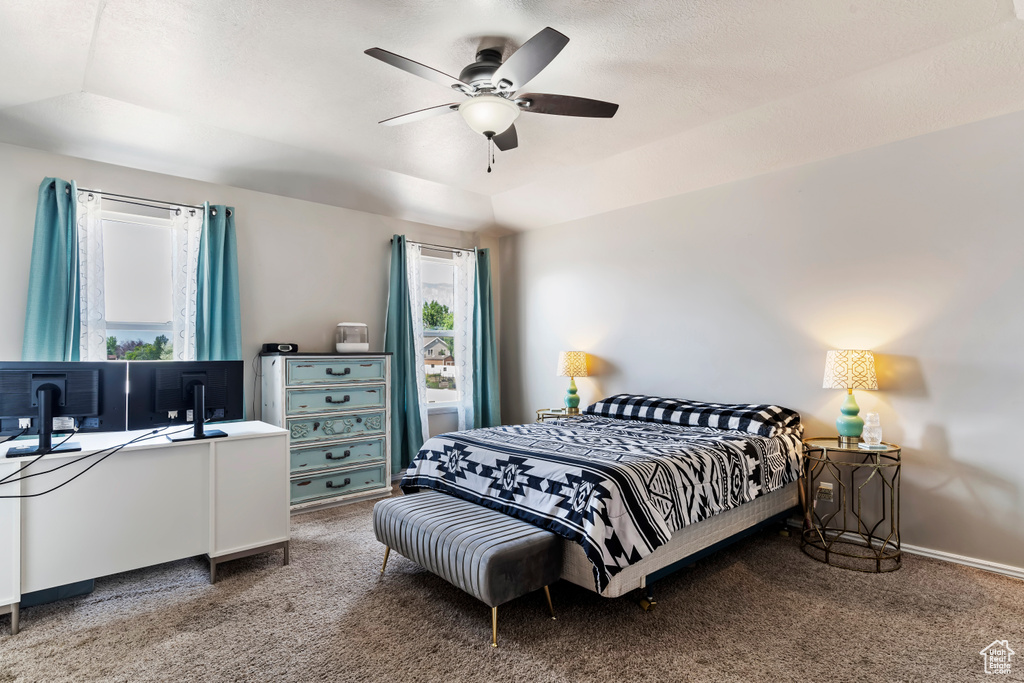 Carpeted bedroom featuring ceiling fan and a tray ceiling