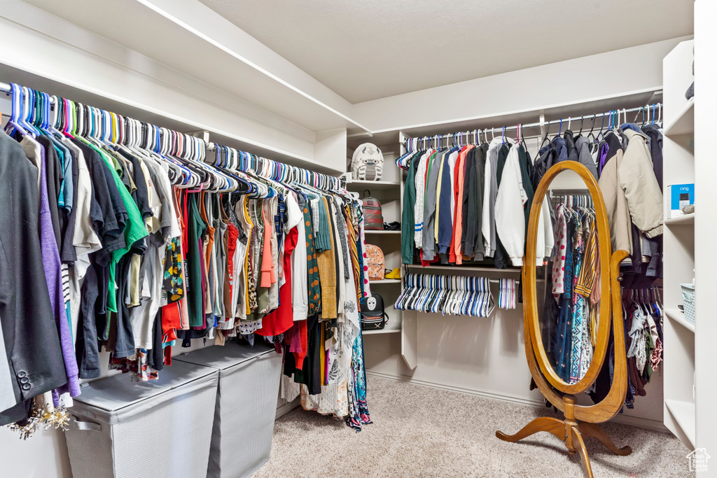 Spacious closet featuring light colored carpet