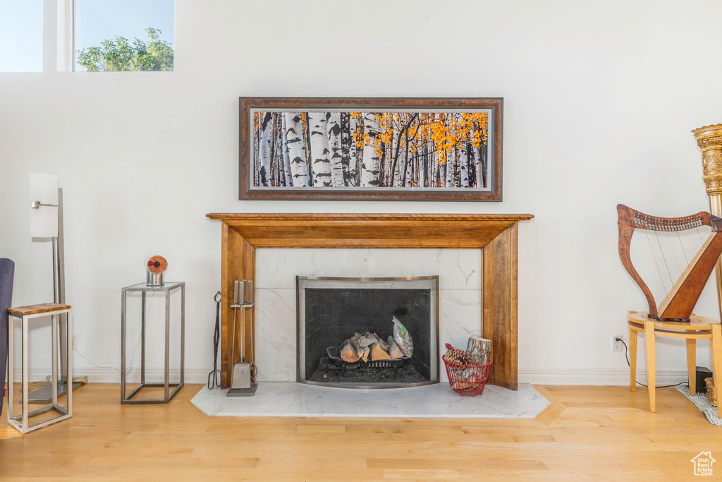 Room details with a premium fireplace and hardwood / wood-style floors