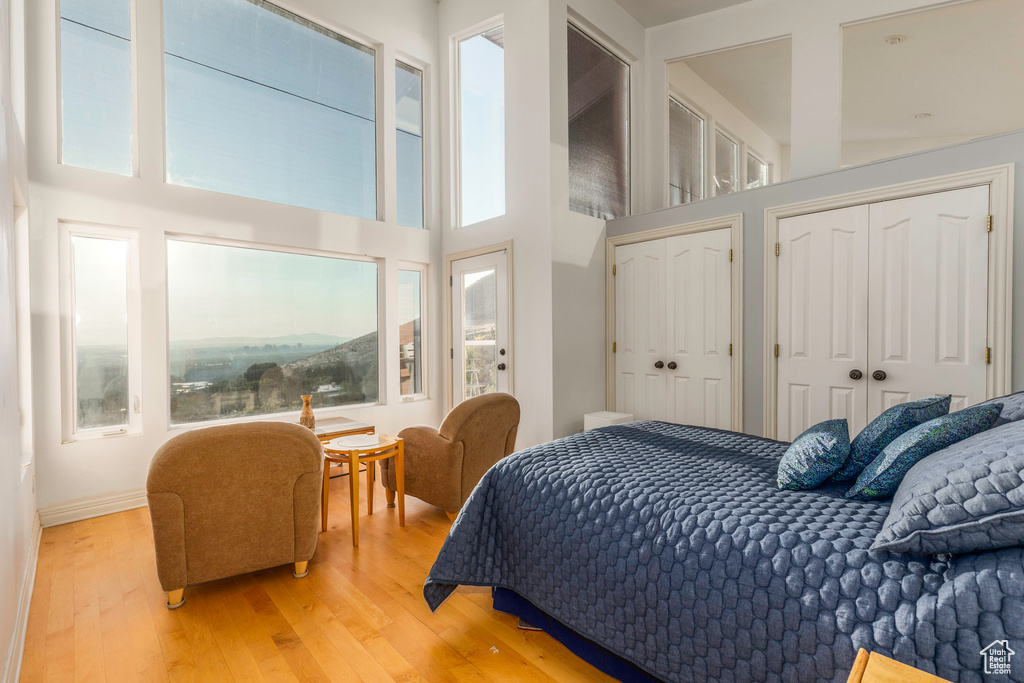 Bedroom featuring a high ceiling, light hardwood / wood-style floors, multiple windows, and two closets