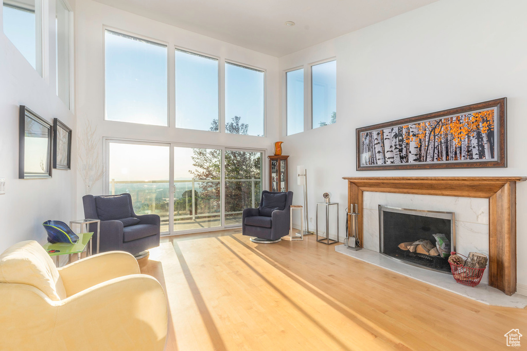 Living room featuring wood-type flooring, a premium fireplace, and a high ceiling