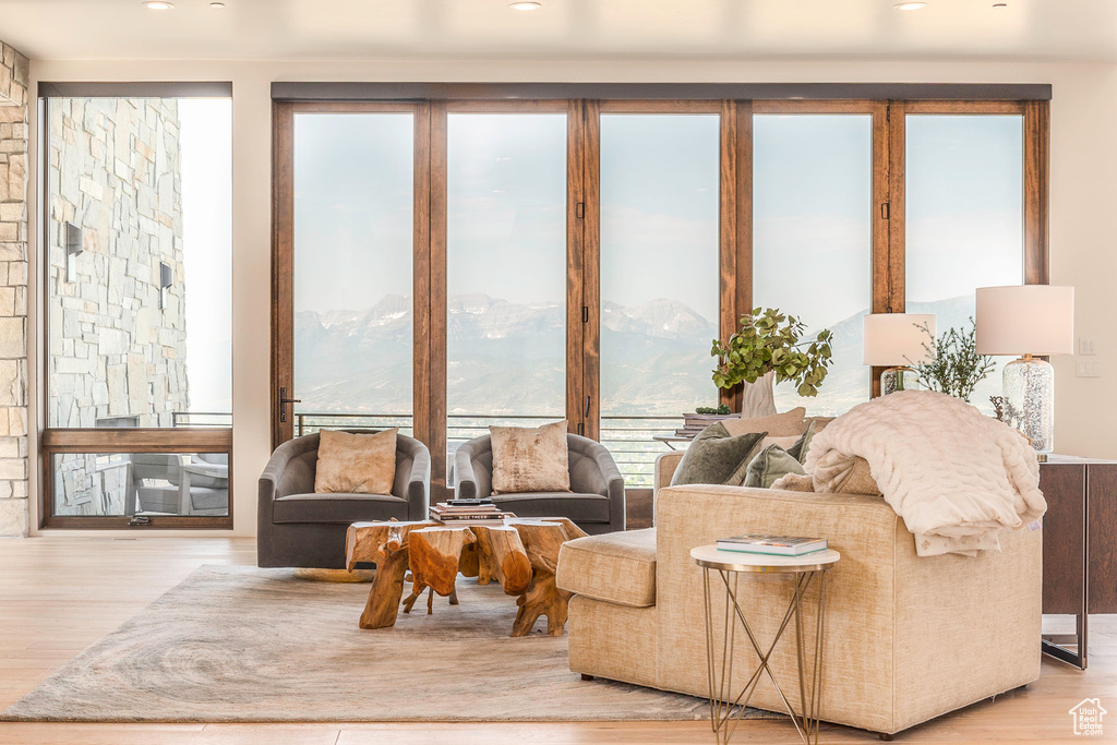 Living room with a mountain view and light wood-type flooring