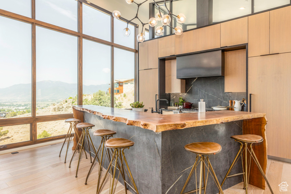 Kitchen with light hardwood / wood-style floors, a mountain view, a healthy amount of sunlight, and hanging light fixtures