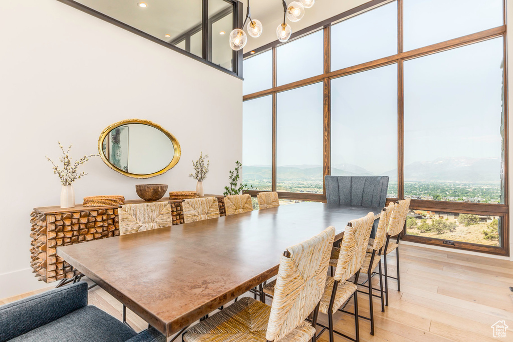 Dining room featuring an inviting chandelier, a healthy amount of sunlight, expansive windows, and light wood-type flooring