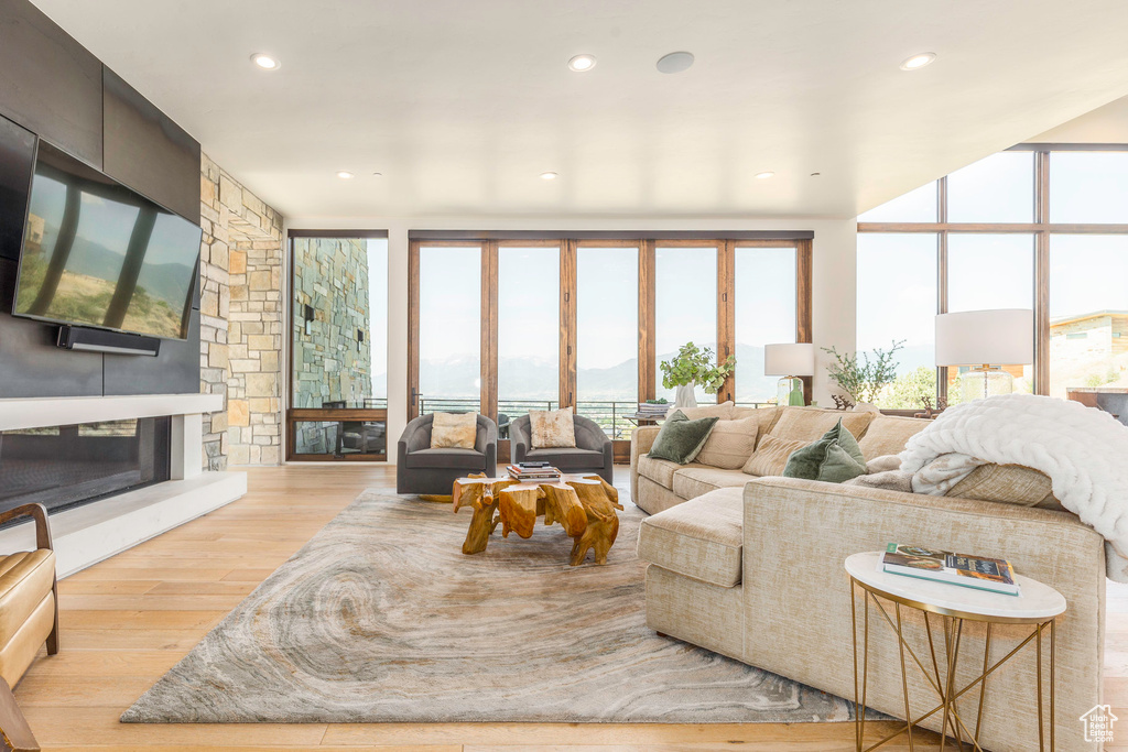 Living room with light wood-type flooring