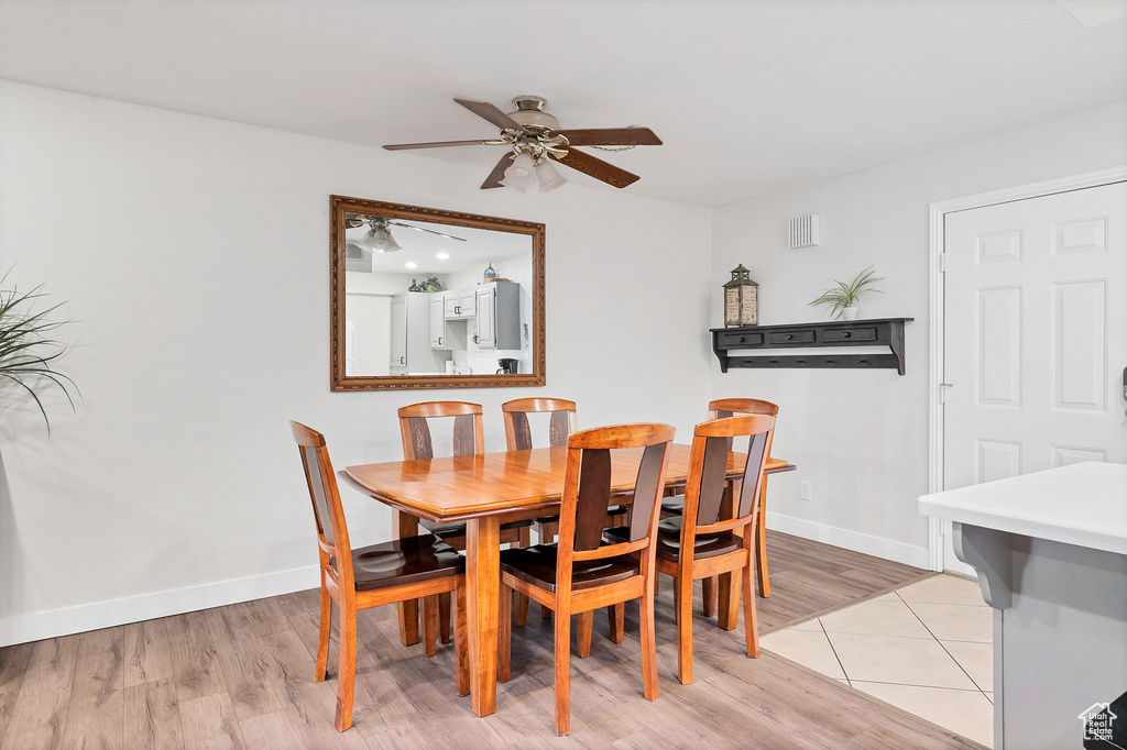 Dining room featuring light hardwood / wood-style floors and ceiling fan