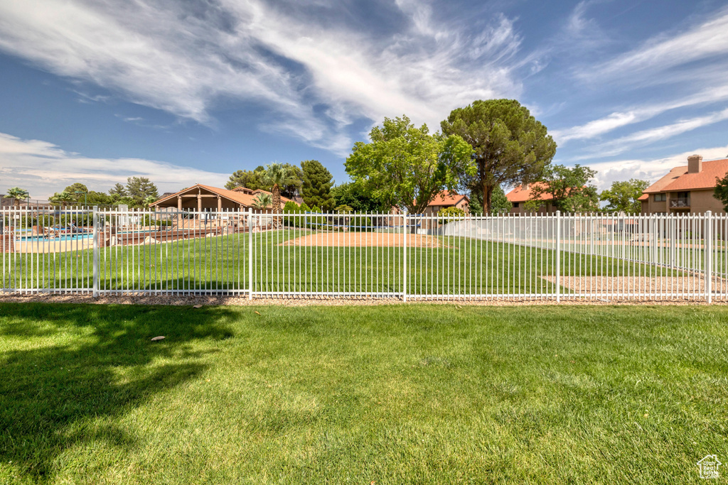 View of yard with a fenced in pool