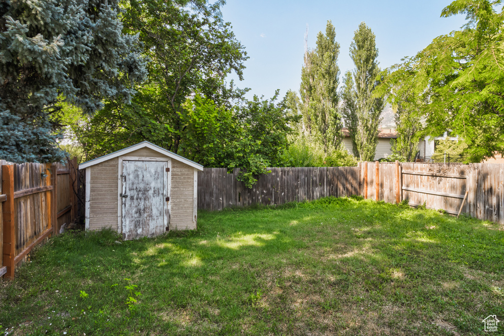 View of yard with a shed