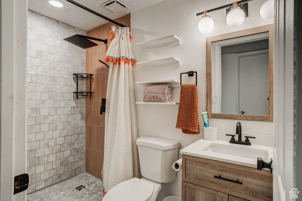 Bathroom featuring vanity, a shower with shower curtain, and toilet