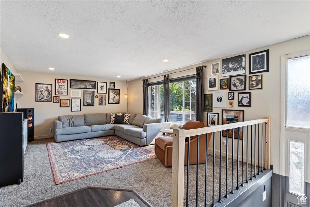 Living room with a textured ceiling and carpet flooring