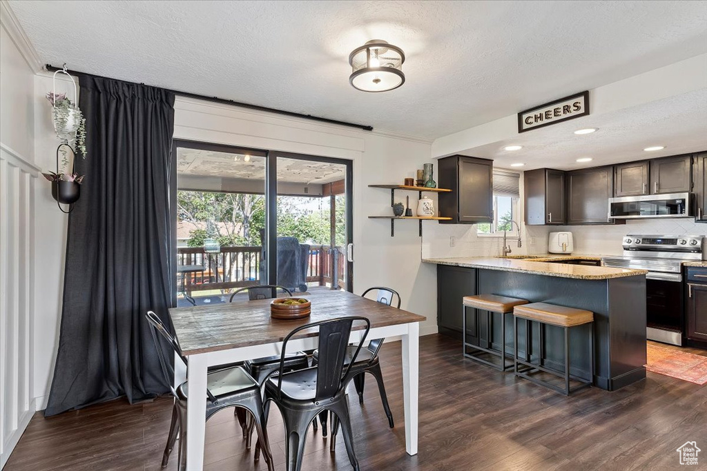 Dining space with sink, a wealth of natural light, and dark wood-type flooring