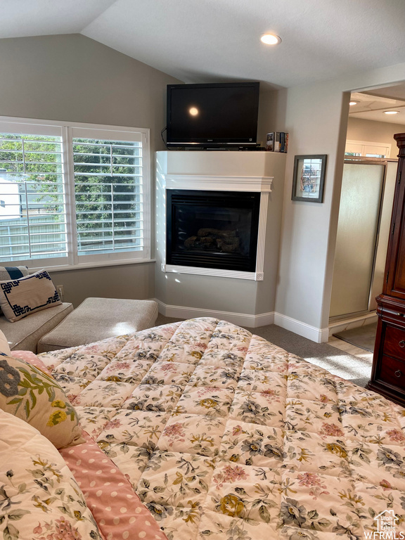 Carpeted bedroom featuring lofted ceiling