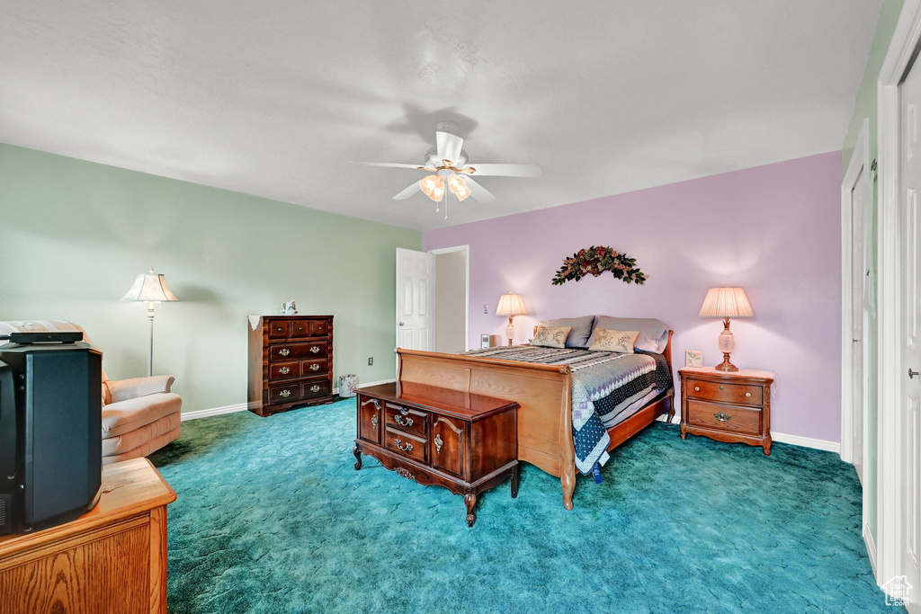 Carpeted bedroom with a closet and ceiling fan