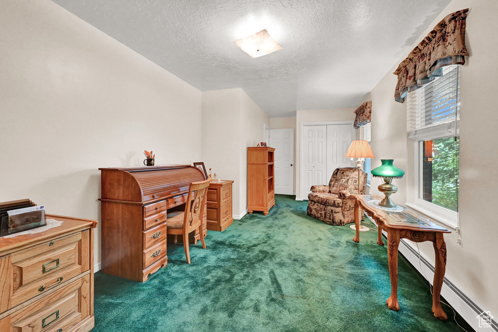 Office space with dark carpet, a textured ceiling, and baseboard heating